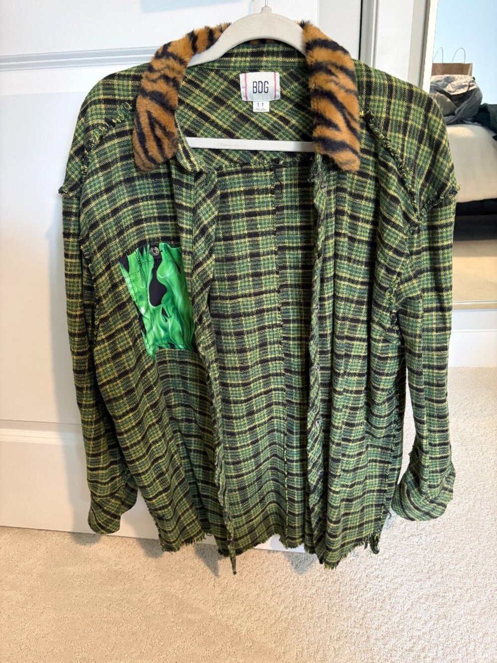 BDG Urban Outfitters Green and Brown Fur Flannel Shirt Size Small